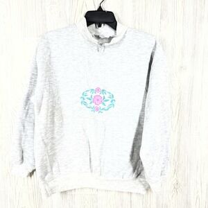 Vtg E.B. Sport Sweatshirt Womens Medium‎ Embroidered Flower Gray